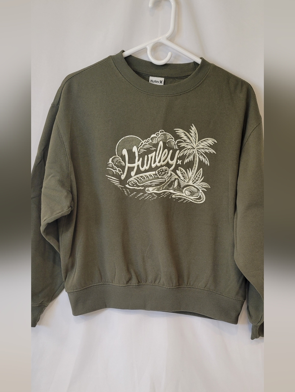 Hurley Olive Green Crewneck Sweatshirt with White Beach Graphic